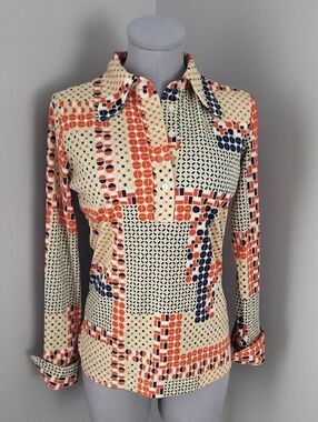 Vintage 1970s Elite Geo-Print Button-Up Shirt/Dagger Collar - Made in Hong Kong